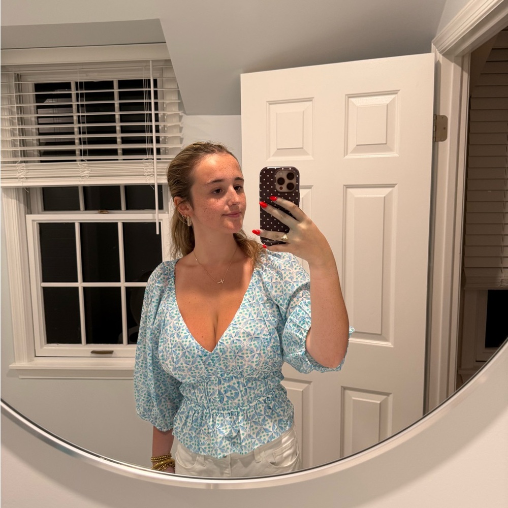 Blue V-Neck Puff Sleeve Blouse From A Boutique